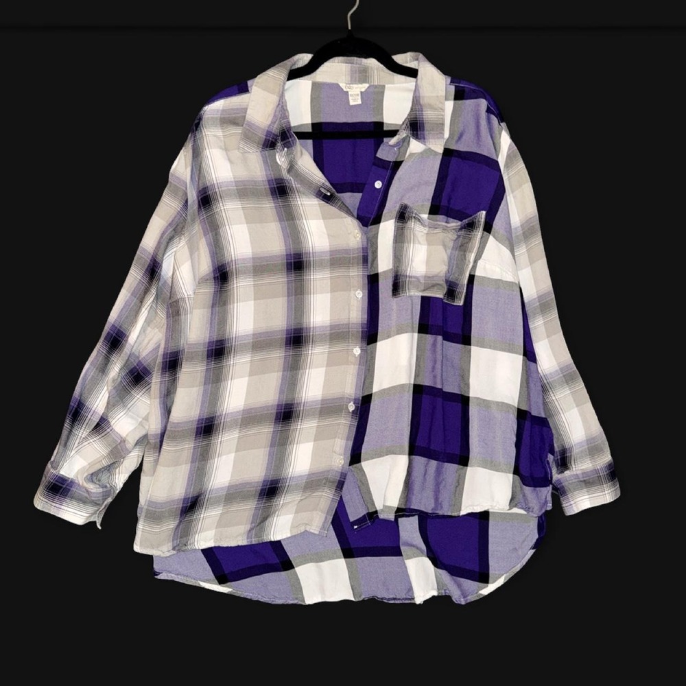 Cato Purple Plaid Button Front Shirt Size 18/20W Rayon Long Sleeve Oversized